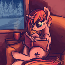 Size: 960x960 | Tagged: safe, artist:joellethenose, imported from derpibooru, oc, oc only, pony, unicorn, book, couch, forest, mug, reading, snow, solo, winter