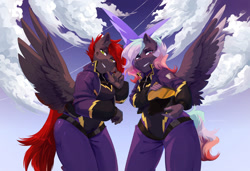 Size: 1280x878 | Tagged: safe, artist:hakkids2, imported from derpibooru, oc, oc only, anthro, pegasus, bedroom eyes, breasts, clothes, cloud, commission, costume, digital art, duo, female, helmet, jacket, looking at you, shadowbolts costume, sky, spread wings, suit, tail, thighs, wide hips, wings