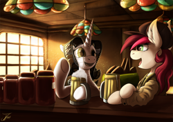 Size: 1750x1237 | Tagged: safe, artist:jamescorck, imported from derpibooru, oc, oc:movie slate, earth pony, pony, unicorn, bar, cap, cider, clothes, digital art, duo, female, hat, hooves, horn, looking at each other, looking at someone, mare, open mouth