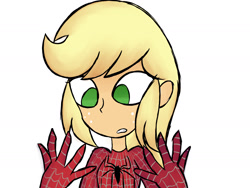 Size: 2000x1500 | Tagged: safe, artist:alandisc, imported from derpibooru, applejack, human, equestria girls, bust, eyelashes, female, freckles, hand, hatless, looking down, marvel, missing accessory, simple background, solo, spider-man, spiderjack, surprised, white background