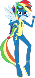 Size: 455x997 | Tagged: safe, artist:dupontsimon, imported from derpibooru, rainbow dash, human, fanfic:magic show of friendship, equestria girls, clothes, fanfic art, female, fist, flying, goggles, grin, looking at you, ponied up, simple background, smiling, smiling at you, solo, spread wings, transparent background, uniform, vector, wings, wonderbolts uniform