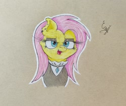 Size: 1999x1684 | Tagged: safe, artist:engi, imported from derpibooru, fluttershy, pegasus, pony, bust, clothes, colored pencil drawing, ear piercing, eyeshadow, female, fluttergoth, frown, goth, jewelry, looking at you, makeup, mare, necklace, open mouth, outline, photo, piercing, signature, simple background, solo, traditional art, white outline