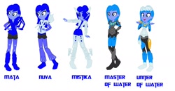 Size: 1456x764 | Tagged: safe, artist:robertsonskywa1, imported from derpibooru, human, equestria girls, alternate clothes, alternate design, alternate hair color, armor, axe, bionicle, clothes, equestria girls-ified, evolution, eyepatch, eyes closed, gali, hand on hip, hook, lego, open mouth, outfit, shoulder pads, shrug, solo, suit, text, weapon