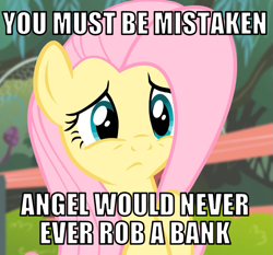 Size: 645x600 | Tagged: safe, edit, edited screencap, editor:twi clown, imported from derpibooru, screencap, fluttershy, pegasus, pony, caption, cropped, episode needed, female, image macro, implied angel bunny, mare, solo, text