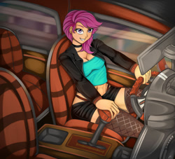 Size: 1280x1163 | Tagged: safe, artist:jennobasilicum, imported from derpibooru, scootaloo, human, equestria girls, alternate hairstyle, belly button, car, car interior, choker, clothes, commission, driving, female, fishnets, gloves, grin, jacket, leather jacket, motorcross, older, older scootaloo, panties, short shirt, shorts, smiling, solo, thigh highs, thong, underwear