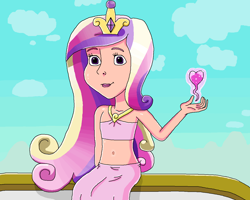 Size: 1297x1038 | Tagged: safe, artist:ocean lover, imported from derpibooru, princess cadance, human, balcony, bare midriff, bare shoulders, beautiful, belly button, clothes, cloud, crown, crystal empire, disney style, dress, female, girly girl, gradient hair, hand, heart, human coloration, humanized, jewelry, looking at you, magic, midriff, multicolored hair, outdoors, pretty, princess of love, regalia, shadow, shiny skin, sitting, sky, smiling, smiling at you, solo, sparkles