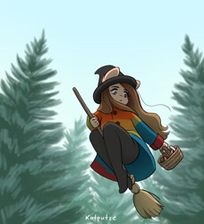 Size: 1869x2048 | Tagged: safe, artist:katputze, imported from derpibooru, oc, oc only, oc:pennie, anthro, earth pony, plantigrade anthro, basket, broom, clothes, coat, female, flying, flying broomstick, forest, hat, low angle, mare, mushroom, solo, witch, witch hat