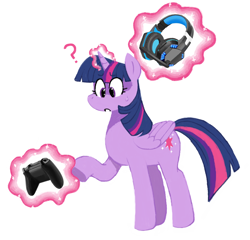 Size: 1776x1704 | Tagged: safe, artist:calliecreampuff, imported from derpibooru, twilight sparkle, alicorn, colored, controller, curious, cute, folded wings, gaming, gaming headset, headset, lineless, magic, magic aura, ms paint, question mark, simple background, solo, telekinesis, twiabetes, twilight sparkle (alicorn), white background, wings