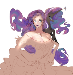 Size: 2000x2061 | Tagged: safe, artist:pigeon666, imported from derpibooru, nightmare rarity, rarity, human, pony, unicorn, blue eyes, breasts, cleavage, closed mouth, clothes, dress, female, human ponidox, humanized, jewelry, lipstick, long hair, long mane, long tail, looking at you, makeup, necklace, purple lipstick, ring, self paradox, self ponidox, smiling, tail, tiara