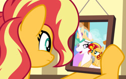 Size: 1024x647 | Tagged: safe, artist:emeraldblast63, imported from derpibooru, princess celestia, sunset shimmer, alicorn, pony, unicorn, comic:the tale of two sunsets, equestria girls, female, filly, filly sunset shimmer, looking at something, picture, solo, story included, younger