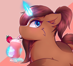 Size: 3134x2850 | Tagged: safe, artist:legionsunite, imported from derpibooru, oc, oc only, oc:strawberry cocoa, monster pony, pony, unicorn, blaze (coat marking), blue eyes, blushing, brown coat, chest fluff, coat markings, ear fluff, ears back, eyelashes, eyes open, facial markings, female, food, hairband, hand, high res, horn, looking at you, magic, magic aura, magic hands, mare, milkshake, name pun, ponytail, raised hoof, red tail, request, simple background, solo, strawberry, tail, two toned coat, unicorn oc