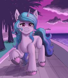 Size: 1400x1600 | Tagged: safe, artist:zachc, imported from derpibooru, izzy moonbow, pony, unicorn, cloud, female, g5, looking at you, mare, raised hoof, signature, smiling, solo