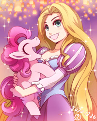 Size: 1000x1250 | Tagged: safe, artist:hisahiko, imported from derpibooru, pinkie pie, earth pony, human, pony, 2020, blonde hair, breasts, carrying, clothes, collarbone, crossover, dated, disney, disney princess, dress, eyes closed, female, frilly dress, green eyes, happy, holding a pony, hug, laughing, long hair, long sleeves, rapunzel, reasonably sized breasts, smiling