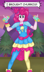 Size: 1280x2102 | Tagged: safe, artist:lennondash, imported from derpibooru, pinkie pie, human, equestria girls, equestria girls series, sunset's backstage pass!, spoiler:eqg series (season 2), breasts, busty pinkie pie, churros, clothes, cute, diapinkes, dress, female, food, geode of sugar bombs, grin, magical geodes, music festival outfit, smiling, solo, speech bubble, sunset, tree