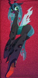 Size: 626x1280 | Tagged: safe, artist:moyamoya kuroi, imported from derpibooru, queen chrysalis, changeling, blue hair, clothes, crossed hooves, crown, eyeshadow, fangs, female, full body, green eyes, green eyeshadow, happy, high heels, horn, insect wings, jewelry, looking at you, makeup, open mouth, open smile, regalia, shoes, side view, smiling, smiling at you, solo, spread wings, torn wings, wings, zipper