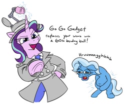 Size: 930x785 | Tagged: safe, artist:jargon scott, imported from derpibooru, starlight glimmer, trixie, pony, unicorn, belly button, bipedal, clothes, context is for the weak, cosplay, costume, duo, duo female, faic, female, hat, inspector gadget, jeremy (smiling friends), mare, oneyplays, simple background, smiling friends, this ended in pain, this will end in the splits, trenchcoat, underhoof, wat, white background