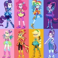 Size: 1186x1186 | Tagged: safe, imported from derpibooru, applejack, fluttershy, pinkie pie, rainbow dash, rarity, sci-twi, starlight glimmer, sunset shimmer, twilight sparkle, human, equestria girls, boots, cowboy boots, crystal guardian, female, grin, high heel boots, humane five, humane seven, humane six, shoes, smiling