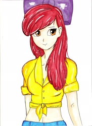 Size: 1700x2338 | Tagged: safe, artist:rejmaniaa, imported from derpibooru, apple bloom, human, 2014, belly button, front knot midriff, humanized, midriff, older, older apple bloom, smiling, solo, traditional art