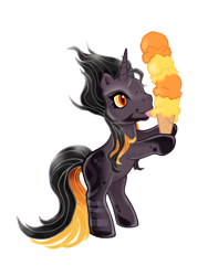 Size: 600x800 | Tagged: safe, artist:vernorexia, imported from derpibooru, oc, oc:dimness ashes, pony, unicorn, beard, bipedal, black coat, black mane, commission, eating, facial hair, food, g3, g4, g4 to g3, generation leap, ice cream, ice cream cone, licking, male, markings, multicolored mane, red eyes, simple background, slit pupils, solo, spotted, stallion, standing, tongue out, transparent background, ych result, yellow eyes