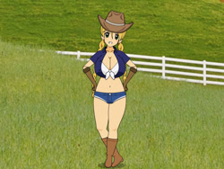 Size: 800x600 | Tagged: safe, imported from derpibooru, applejack, human, big breasts, boots, breasts, busty applejack, cleavage, clothes, cowboy boots, cowboy hat, daisy dukes, farm, fence, gloves, grass, hat, huge breasts, humanized, kisekae, looking at you, pants, shirt, shoes, shorts, smiling, smiling at you, solo, vest