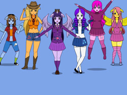 Size: 800x600 | Tagged: safe, imported from derpibooru, applejack, fluttershy, pinkie pie, rainbow dash, rarity, twilight sparkle, human, blue background, boots, clothes, cowboy boots, cowboy hat, crown, cutie mark on clothes, dress, gloves, hat, high heel boots, horn, horned humanization, humanized, jewelry, kisekae, mane six, necktie, pants, regalia, shirt, shoes, shorts, simple background, skirt, socks, striped socks, tiara, vest, winged humanization, wings