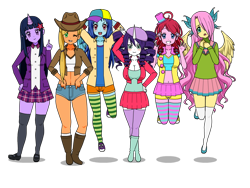 Size: 800x600 | Tagged: safe, imported from derpibooru, applejack, fluttershy, pinkie pie, rainbow dash, rarity, twilight sparkle, human, boots, button, cap, clothes, cowboy boots, cowboy hat, hat, horn, horned humanization, humanized, kisekae, mane six, pants, shirt, shoes, shorts, simple background, skirt, socks, striped socks, transparent background, vest, winged humanization, wings