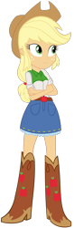 Size: 442x1340 | Tagged: safe, artist:rupahrusyaidi, imported from derpibooru, applejack, human, equestria girls, belt, boots, clothes, cowboy boots, cowboy hat, cowgirl, crossed arms, cutie mark on clothes, denim skirt, hat, high heel boots, shirt, shoes, simple background, skirt, solo, stetson, transparent background