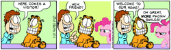 Size: 600x178 | Tagged: safe, imported from derpibooru, pinkie pie, cat, earth pony, human, pony, comic, female, garfield, garfield (character), grin, jon arbuckle, male, mare, smiling, square root of minus garfield