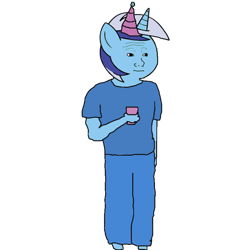 Size: 692x692 | Tagged: safe, imported from derpibooru, minuette, anthro, human, unicorn, hat, meme, party hat, simple background, solo, transparent background, wojak