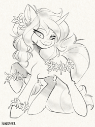 Size: 2048x2732 | Tagged: safe, artist:kez, imported from derpibooru, oc, oc only, oc:absolvia, pony, unicorn, black and white, eye clipping through hair, eyebrows, eyebrows visible through hair, female, flower, garland, grayscale, high res, horn, looking at you, mare, monochrome, raised hoof, signature, smiling, smiling at you, solo, traditional art, unicorn oc