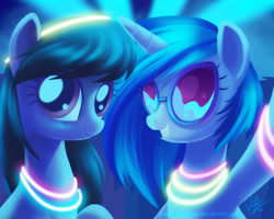Size: 1800x1440 | Tagged: safe, artist:joellethenose, imported from derpibooru, dj pon-3, octavia melody, vinyl scratch, earth pony, pony, unicorn, club, female, glowstick, grin, lights, looking at you, mare, raised hoof, selfie, signature, smiling, sunglasses
