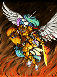 Size: 3519x4739 | Tagged: safe, artist:longinius, imported from derpibooru, princess celestia, alicorn, anthro, unguligrade anthro, armor, badass, convincing armor, female, fire, flaming sword, high res, shield, solo, spread wings, sword, unshorn fetlocks, warrior, warrior celestia, weapon, wings