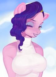 Size: 788x1090 | Tagged: safe, artist:dnovaa, imported from derpibooru, pipp petals, anthro, breasts, busty pipp petals, female, g5, grin, lipstick, looking at you, makeup, one eye closed, smiling, solo, wingless, wingless anthro, wink, winking at you