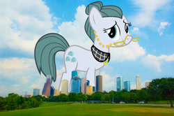 Size: 1355x900 | Tagged: safe, artist:thegiantponyfan, imported from derpibooru, cloudy quartz, earth pony, pony, female, giant pony, giant/macro earth pony, giantess, glasses, highrise ponies, houston, irl, looking at you, macro, mare, mega giant, photo, ponies in real life, smiling, solo, texas