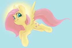 Size: 1200x808 | Tagged: safe, artist:melodylibris, imported from derpibooru, fluttershy, pegasus, pony, cute, daaaaaaaaaaaw, female, flying, looking at each other, mare, shyabetes, sky, smiling, smiling at each other, solo, spread wings, sun, wings