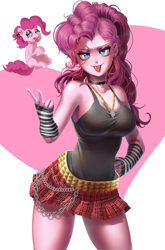 Size: 2236x3392 | Tagged: source needed, safe, artist:zzugguri, imported from derpibooru, pinkie pie, earth pony, human, pony, equestria girls, bare shoulders, breasts, busty pinkie pie, chains, choker, clothes, detached sleeves, ear piercing, earring, jewelry, necklace, peace sign, piercing, punk, punkie pie, raspberry, skirt, skull necklace, sleeveless, tanktop, tongue out, tongue piercing