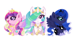 Size: 2969x1640 | Tagged: safe, artist:flyingsosser, imported from derpibooru, princess cadance, princess celestia, princess luna, alicorn, pony, alicorn triarchy, chibi, cute, cutedance, cutelestia, female, hair over one eye, looking at you, lunabetes, mare, outline, simple background, sitting, smiling, spread wings, transparent background, trio, white outline, wings