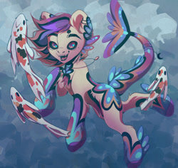 Size: 1280x1208 | Tagged: safe, artist:karollinch, imported from derpibooru, oc, oc only, fish, hybrid, merpony, bubble, ear fluff, fins, fish tail, flowing mane, flowing tail, jewelry, koi pony, necklace, ocean, open mouth, smiling, solo, swimming, tail, teeth, underwater, water