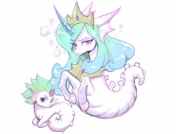 Size: 2803x2139 | Tagged: safe, artist:noupie, imported from derpibooru, princess celestia, oc, hybrid, sea pony, seapony (g4), unicorn, angry, bubble, crown, curved horn, female, flowing mane, green mane, horn, jewelry, looking at you, mare, momlestia, peytral, pink eyes, regalia, sad, sealestia, seaponified, seapony celestia, simple background, species swap, teeth, white background