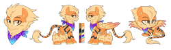Size: 3375x1000 | Tagged: safe, artist:lupulrafinat, imported from derpibooru, oc, oc only, hybrid, pegasus, pony, body markings, bust, chest fluff, leg fluff, lying down, neckerchief, prone, reference sheet, simple background, smiling, transparent background, wings