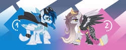 Size: 2728x1077 | Tagged: safe, artist:lupulrafinat, imported from derpibooru, oc, oc only, pegasus, pony, sphinx, chest fluff, clothes, crown, duo, female, goggles, jewelry, male, mare, pegasus oc, regalia, scarf, smiling, sphinx oc, stallion, wings