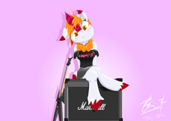 Size: 4093x2894 | Tagged: safe, artist:dianetgx, imported from derpibooru, oc, oc only, oc:karenina senna, kirin, semi-anthro, amplifier, arm behind back, beast v, clothes, crossed legs, electric guitar, female, floppy ears, guitar, halter top, heavy metal, high res, kirin oc, leaning, looking at you, marshall, metallica, musical instrument, pink background, signature, simple background, sitting, skirt, smiling, smiling at you, solo