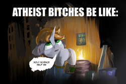 Size: 2997x1997 | Tagged: safe, artist:ka3ahb, imported from derpibooru, oc, oc:littlepip, pony, unicorn, fallout equestria, atheism, meme, pipbuck, praying, religion, solo, vulgar