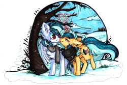 Size: 1688x1127 | Tagged: safe, artist:tay-niko-yanuciq, imported from derpibooru, oc, oc only, pegasus, pony, unicorn, chest fluff, clothes, duo, glowing, glowing horn, horn, magic, outdoors, pegasus oc, scarf, simple background, snow, telekinesis, transparent background, unicorn oc