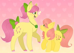 Size: 1724x1234 | Tagged: safe, artist:fluffytrashbin, imported from derpibooru, posey, earth pony, pony, bow, duo, duo female, female, g1, g5, generational ponidox, gradient background, hair bow, heart, heart background, jewelry, looking at each other, looking at someone, mare, necklace, open mouth, open smile, ponytail, posey bloom, raised hoof, size difference, smiling, tail, tail bow