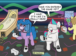 Size: 2979x2193 | Tagged: safe, artist:doodledonutart, imported from derpibooru, izzy moonbow, zipp storm, pegasus, pony, unicorn, arcade, bracelet, comic, female, g5, jewelry, mare, pinball, skeeball, virtual reality, vr headset, you're doing it wrong