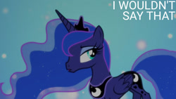 Size: 1280x720 | Tagged: safe, edit, edited screencap, editor:quoterific, imported from derpibooru, screencap, princess luna, alicorn, pony, bloom and gloom, season 5, crown, ethereal mane, ethereal tail, female, jewelry, mare, open mouth, regalia, slim, solo, starry mane, starry tail, tail, text