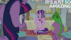 Size: 1280x720 | Tagged: safe, edit, edited screencap, editor:quoterific, imported from derpibooru, screencap, phyllis, spike, starlight glimmer, twilight sparkle, alicorn, dragon, pony, unicorn, a horse shoe-in, season 9, spoiler:s09, female, male, mare, open mouth, open smile, school of friendship, smiling, starlight's office, text, twilight sparkle (alicorn), winged spike, wings