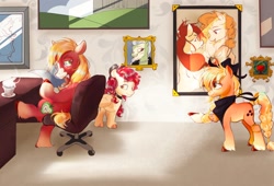 Size: 2388x1623 | Tagged: safe, artist:luansh, imported from derpibooru, apple bloom, applejack, big macintosh, bright mac, granny smith, pear butter, earth pony, pony, alternate universe, apple family, chair, desk, female, filly, foal, food, g5 concept leak style, glasses, mare, siblings, tea