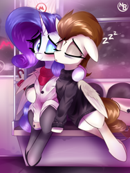 Size: 1080x1439 | Tagged: safe, artist:nevobaster, imported from derpibooru, rarity, oc, oc:rml, pegasus, unicorn, bag, canon x oc, clothes, coat, female, food, male, mare, metro, moscow, night, rain, scarf, sitting, sleeping, stallion, stockings, subway, sweater, thigh highs, tired, train, umbrella